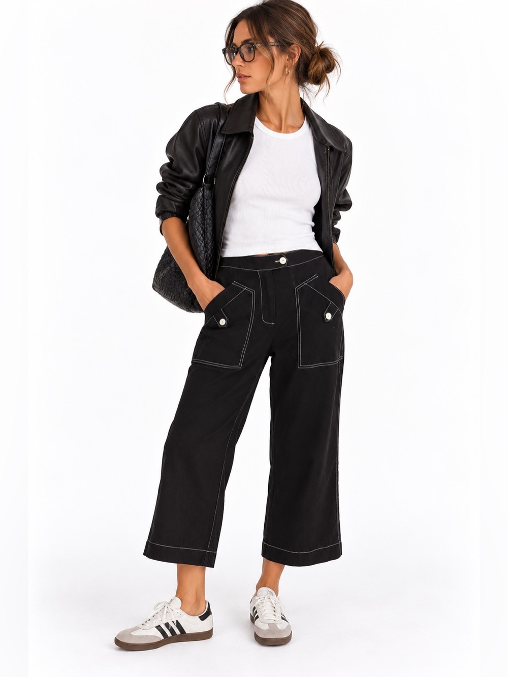 Joie Black Contrast Stitch Utility Wide Leg Cropped Tencel Linen Pants Medium